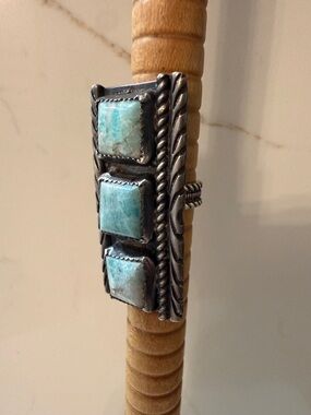 Vintage Sterling Silver Triple Turquoise Statement Ring Size 6 Artist Signed